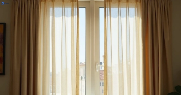 Dull dusty drapes in woody-point before professional cleaning
